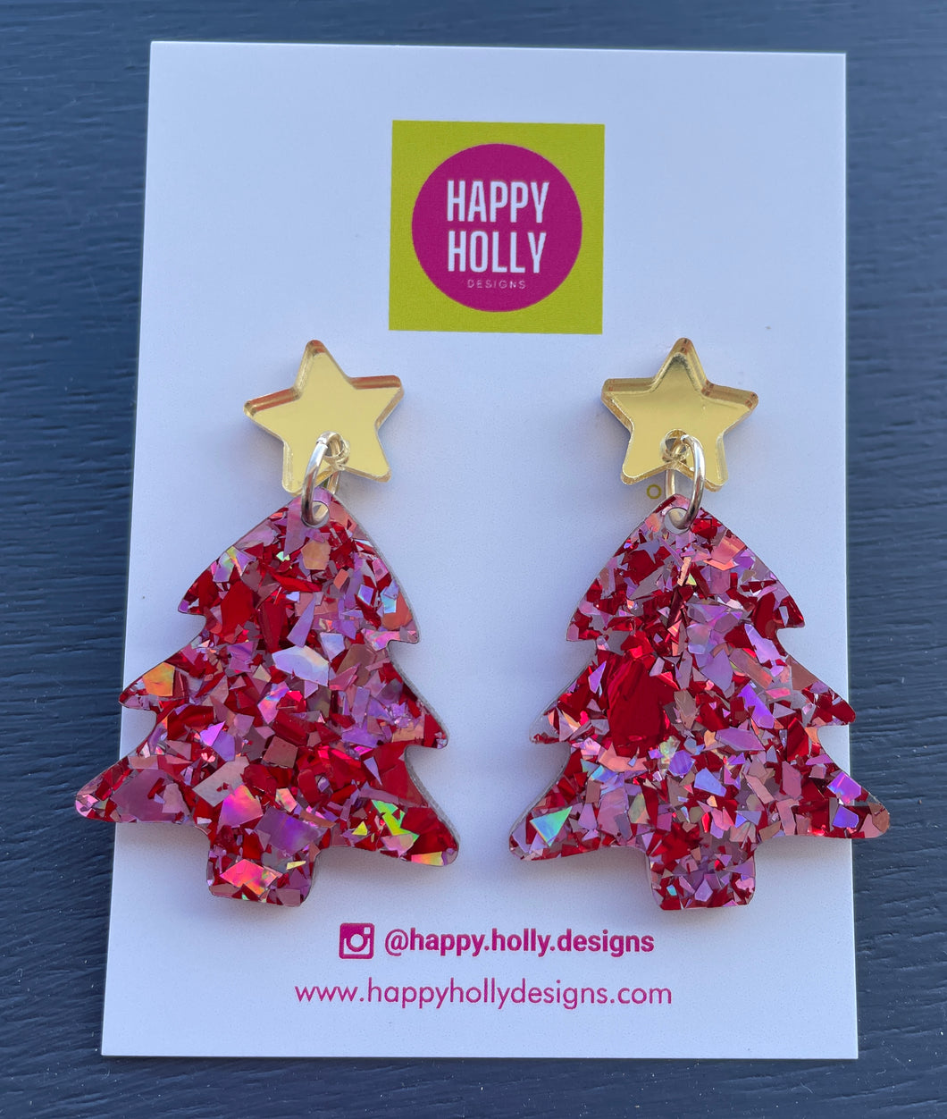 Christmas tree dangle earrings - pink/red glitter tree