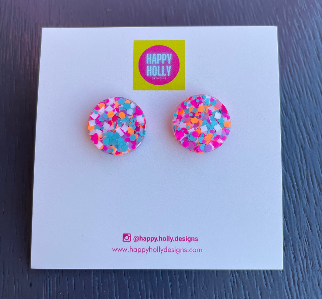 Round earrings 15mm - aqua/orange/pink/white glitter