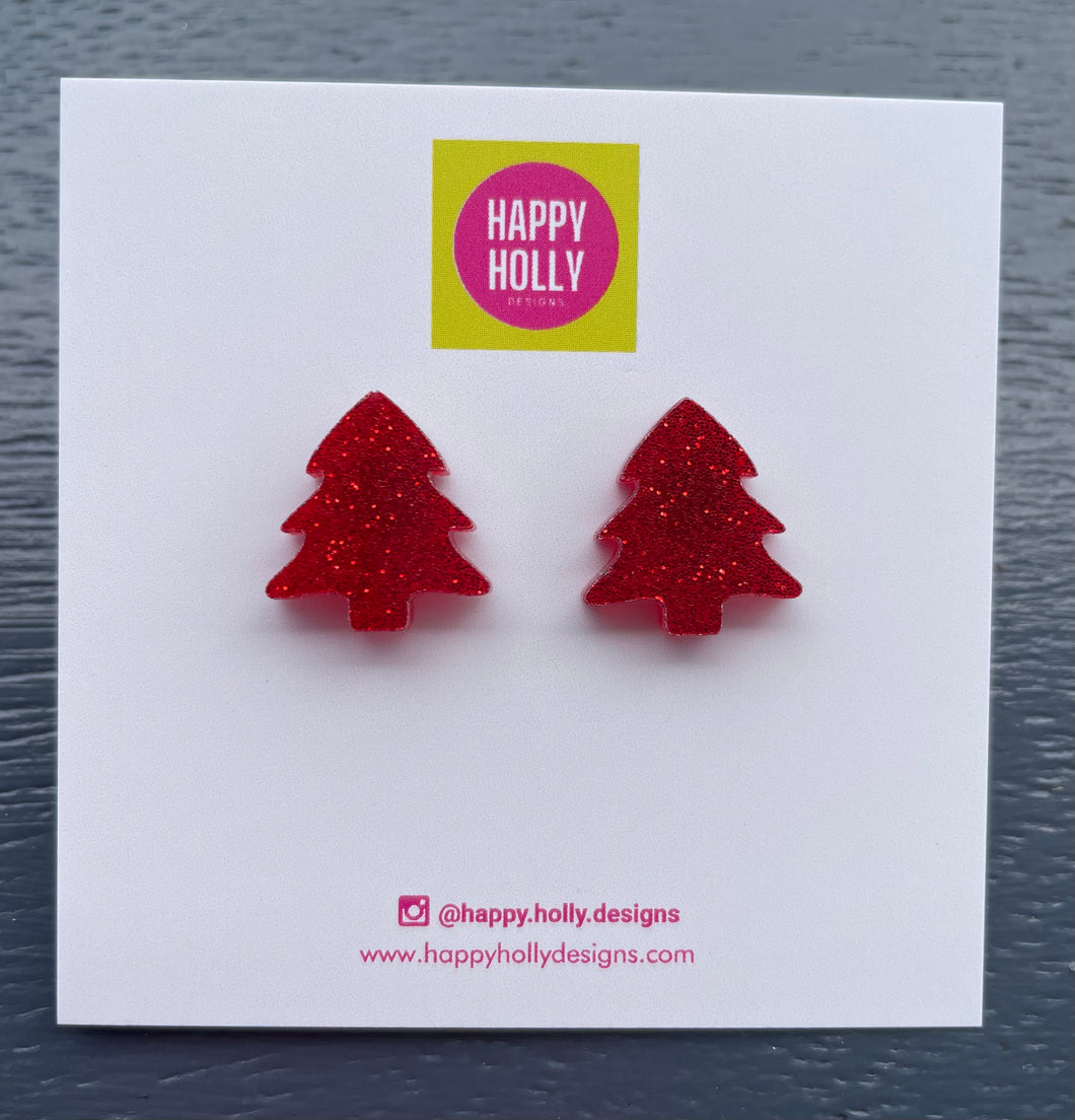 Christmas tree earrings - red glitter