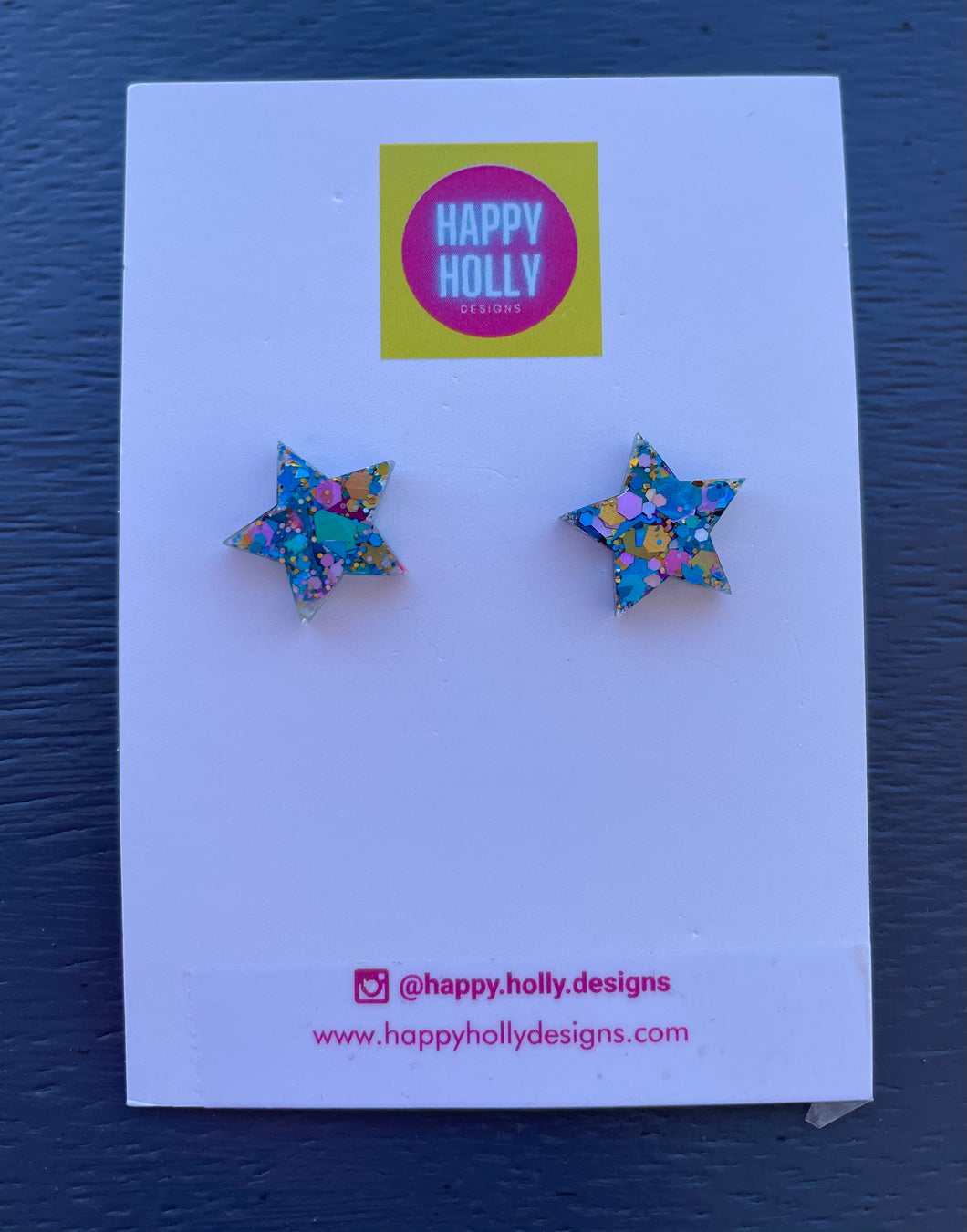 Star earrings 15mm - blue/gold/purple glitter