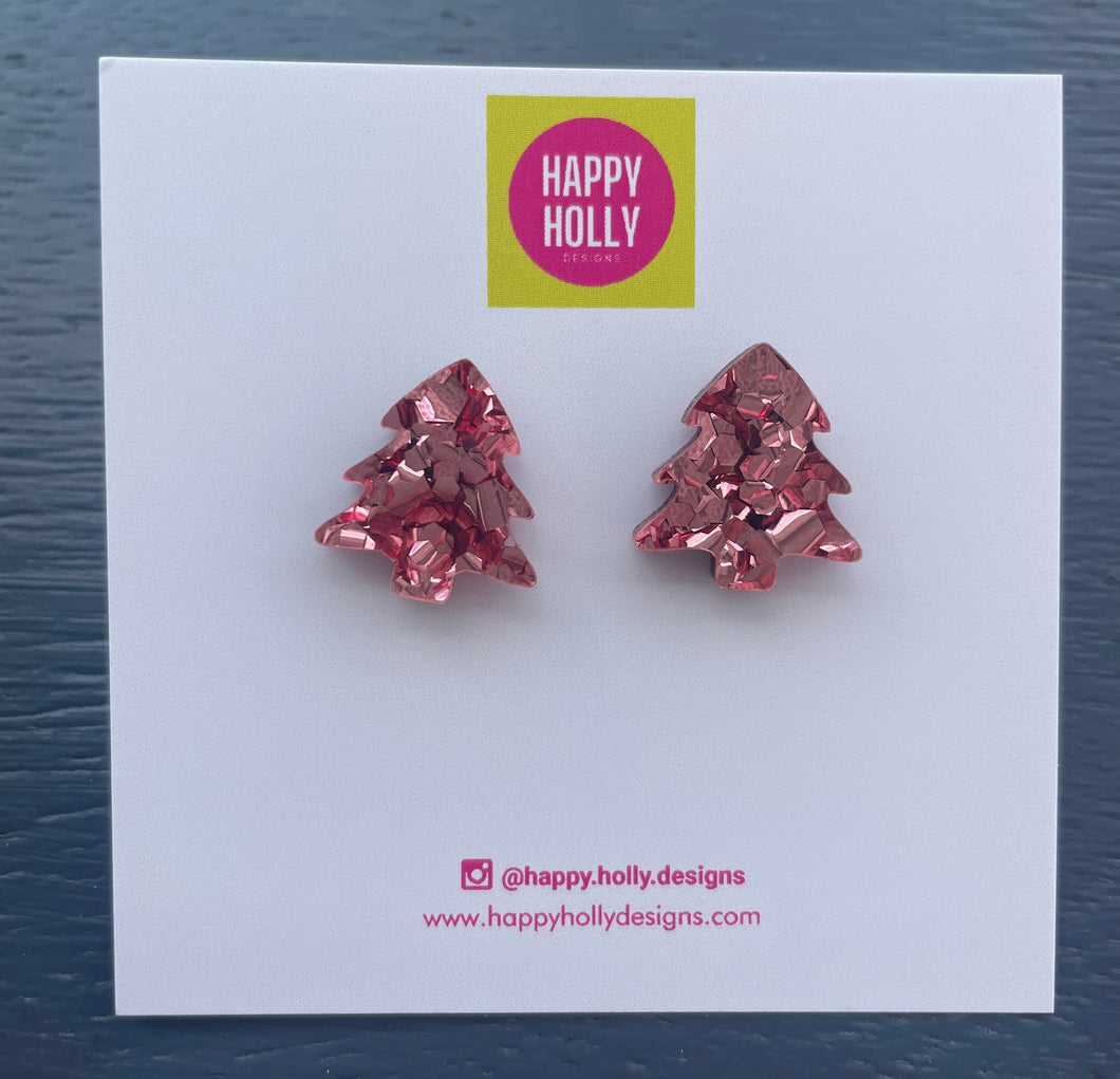 Christmas tree earrings - chunky rose gold glitter