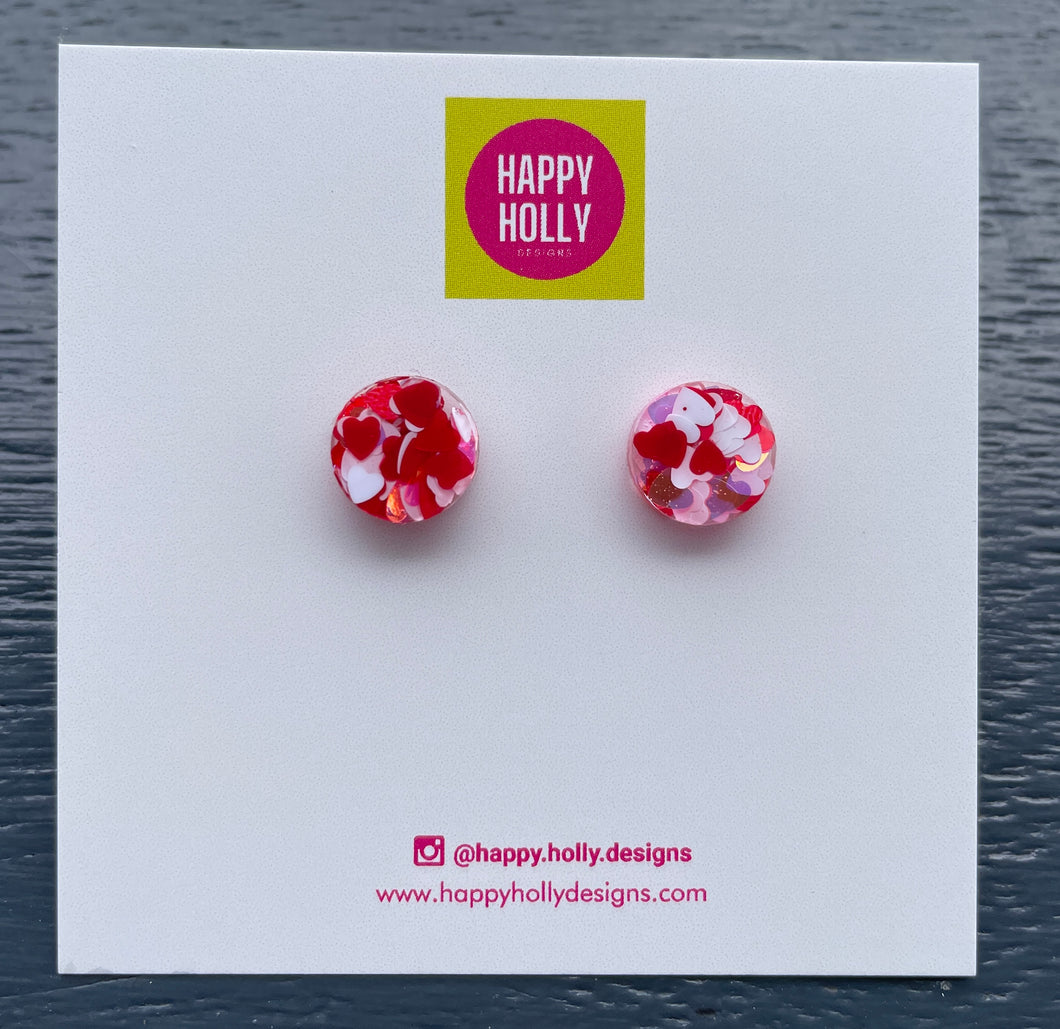 Round earrings 8mm - red/ pink/white heart  glitter