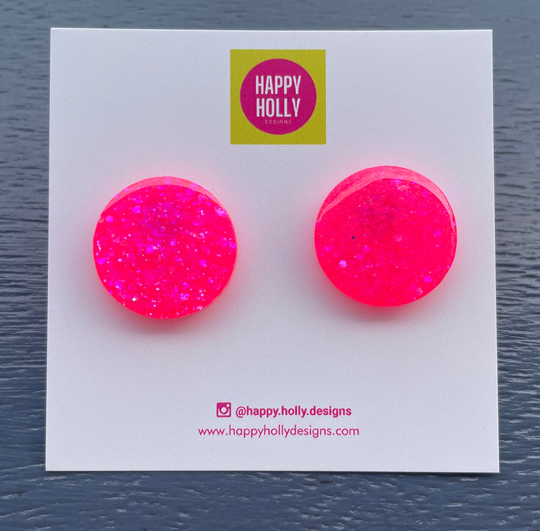 Round earrings 20mm - hot pink glitter