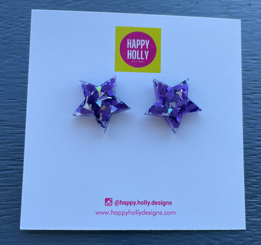 Star earrings 15mm - purple & silver glitter