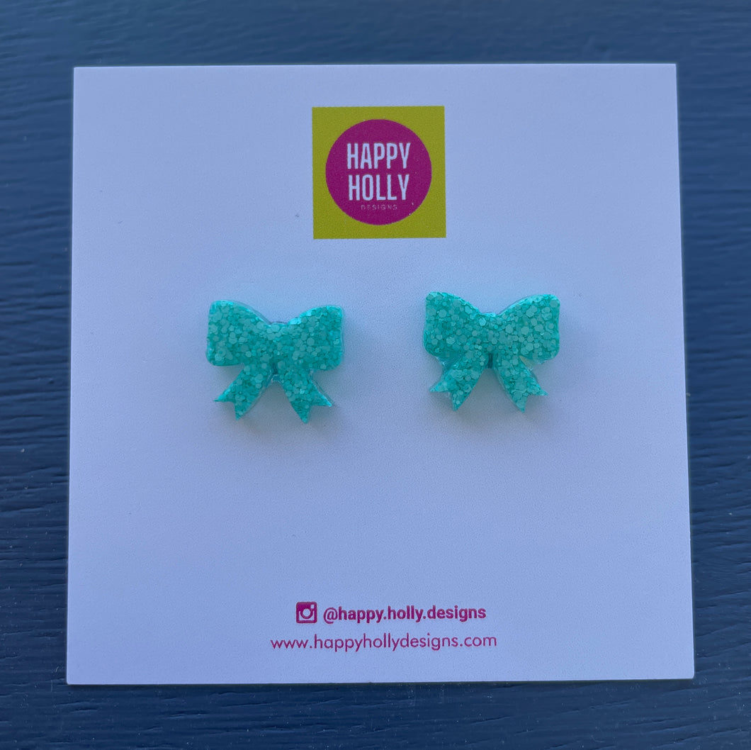 Bow earrings - aqua glitter