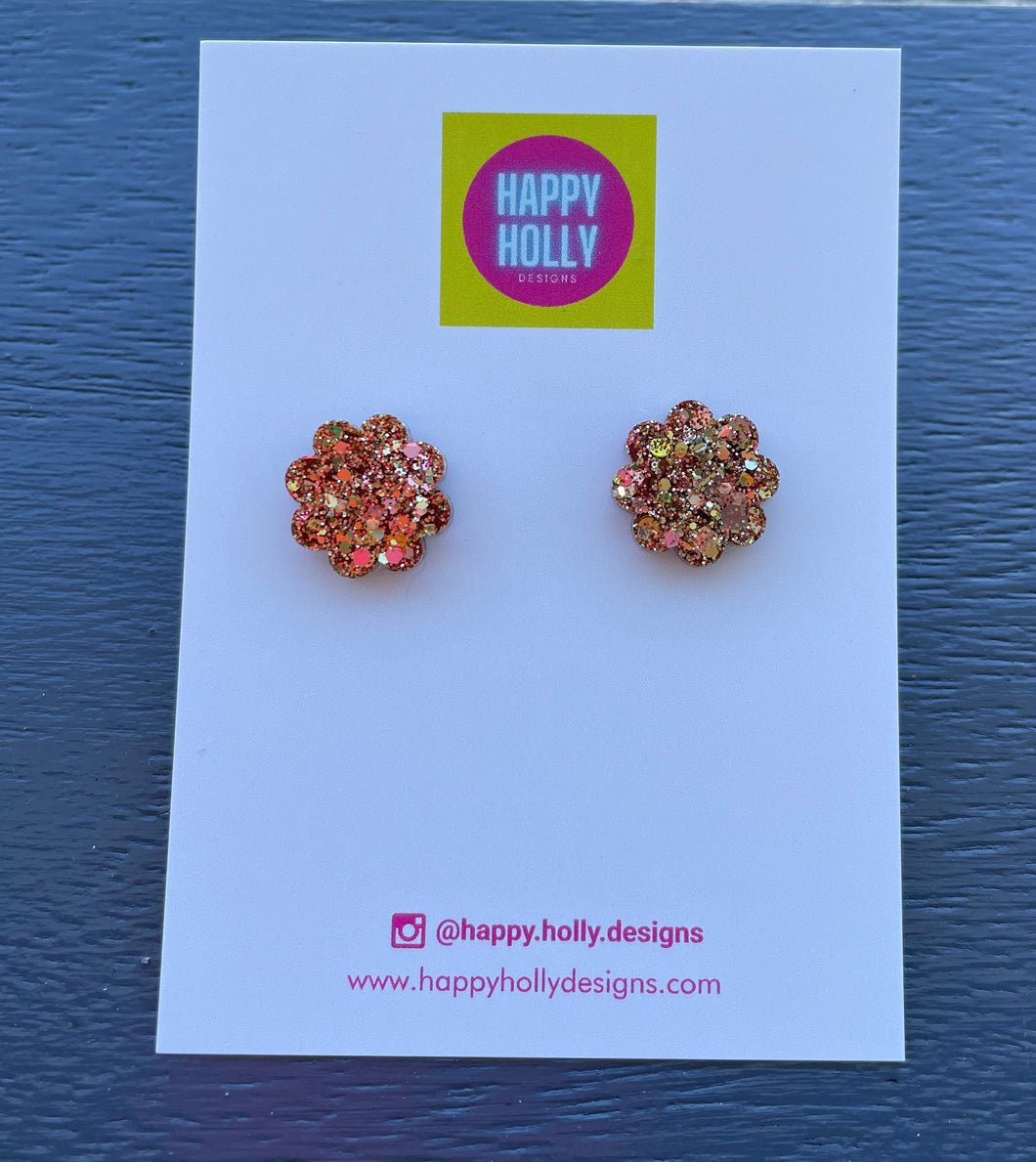 Flower earrings - gold & pink glitter