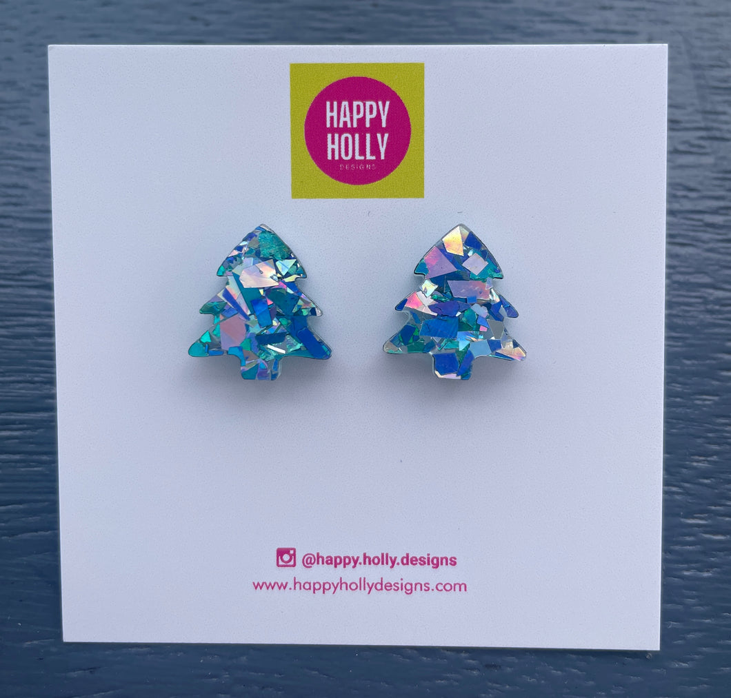 Christmas tree earrings - chunky blue/silver glitter