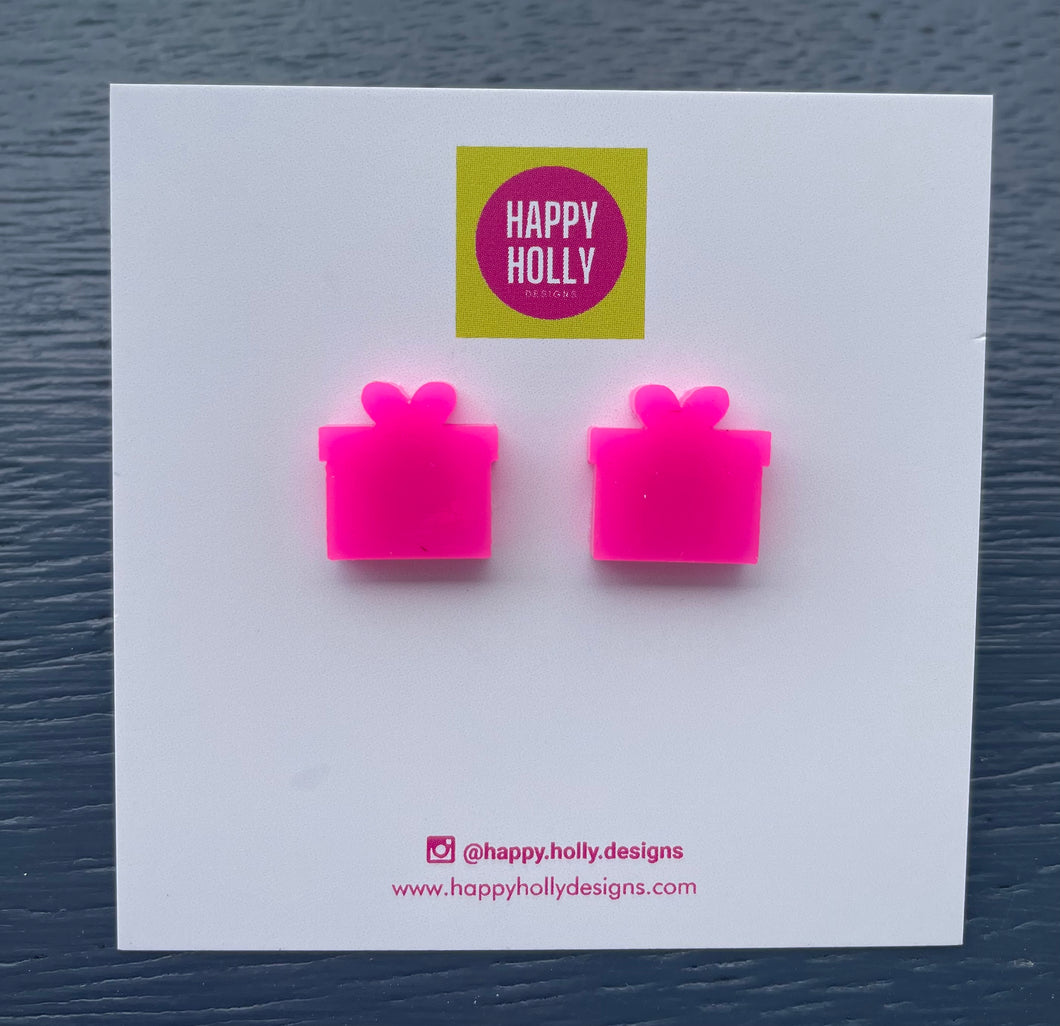 Christmas present stud earrings - hot pink