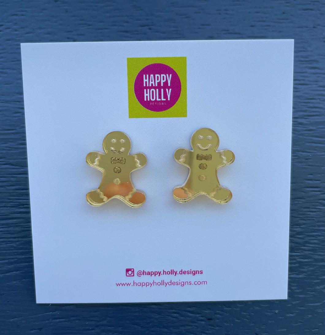 Christmas gingerbread man earrings - gold mirror