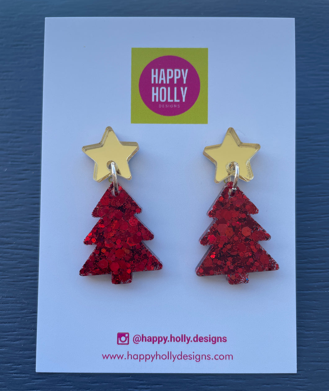 Christmas tree dangle earrings - red glitter tree