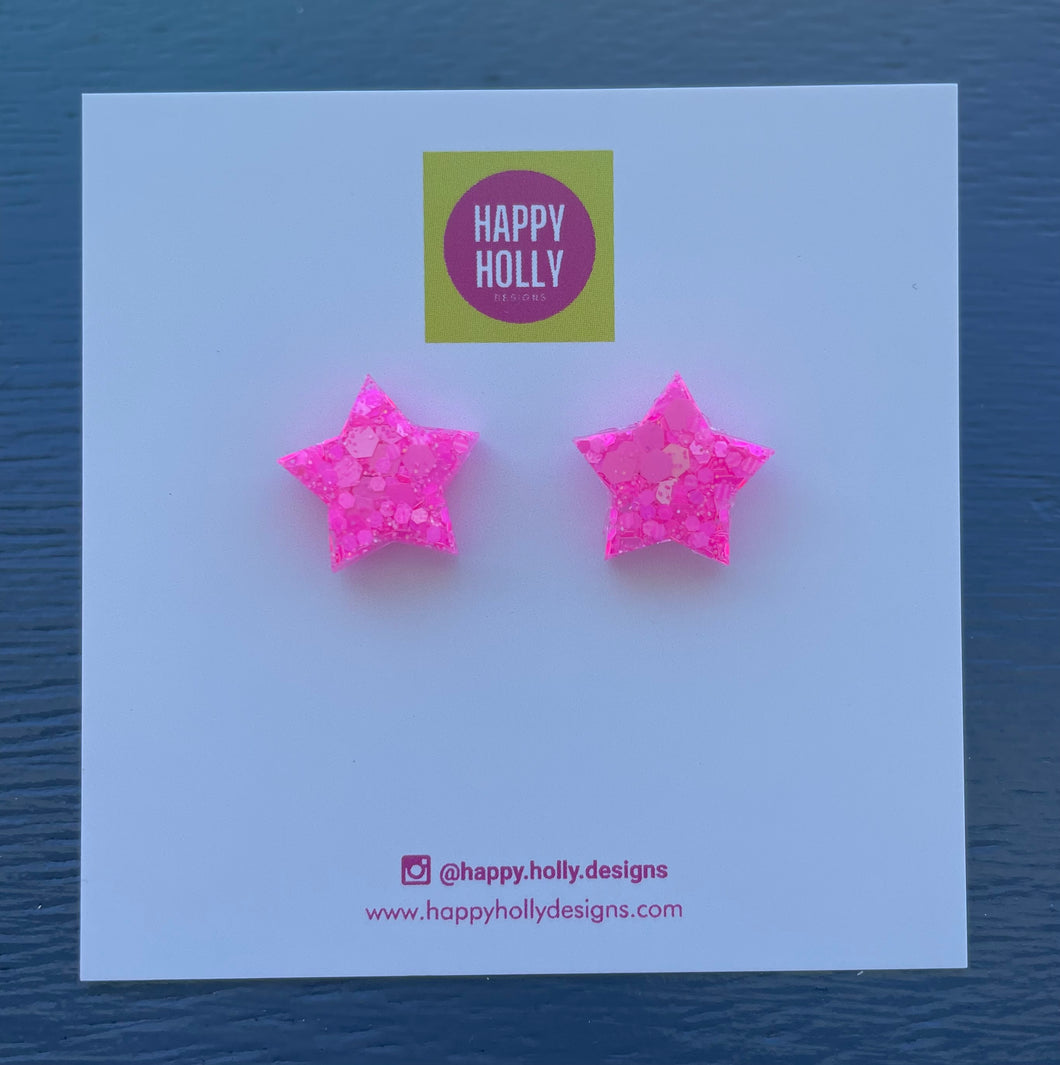 Star earrings 12mm - hot pink glitter