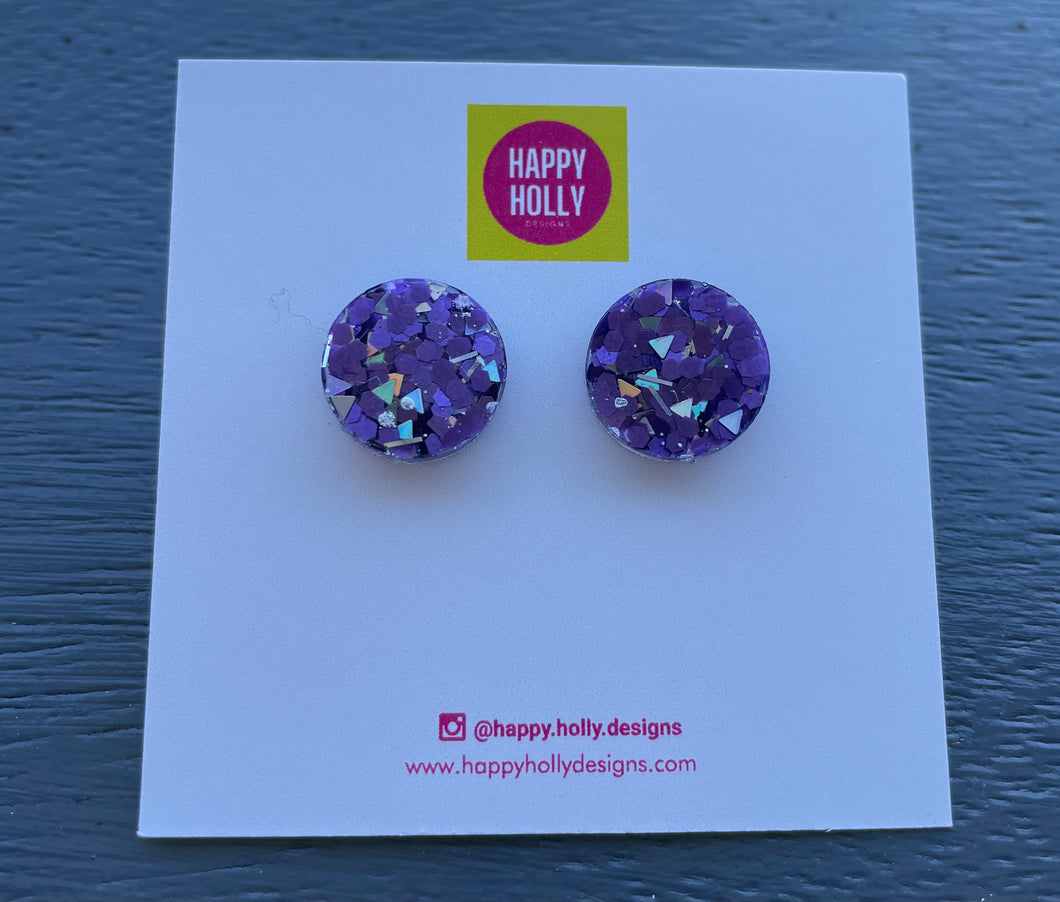 Round earrings 15mm - purple & silver glitter