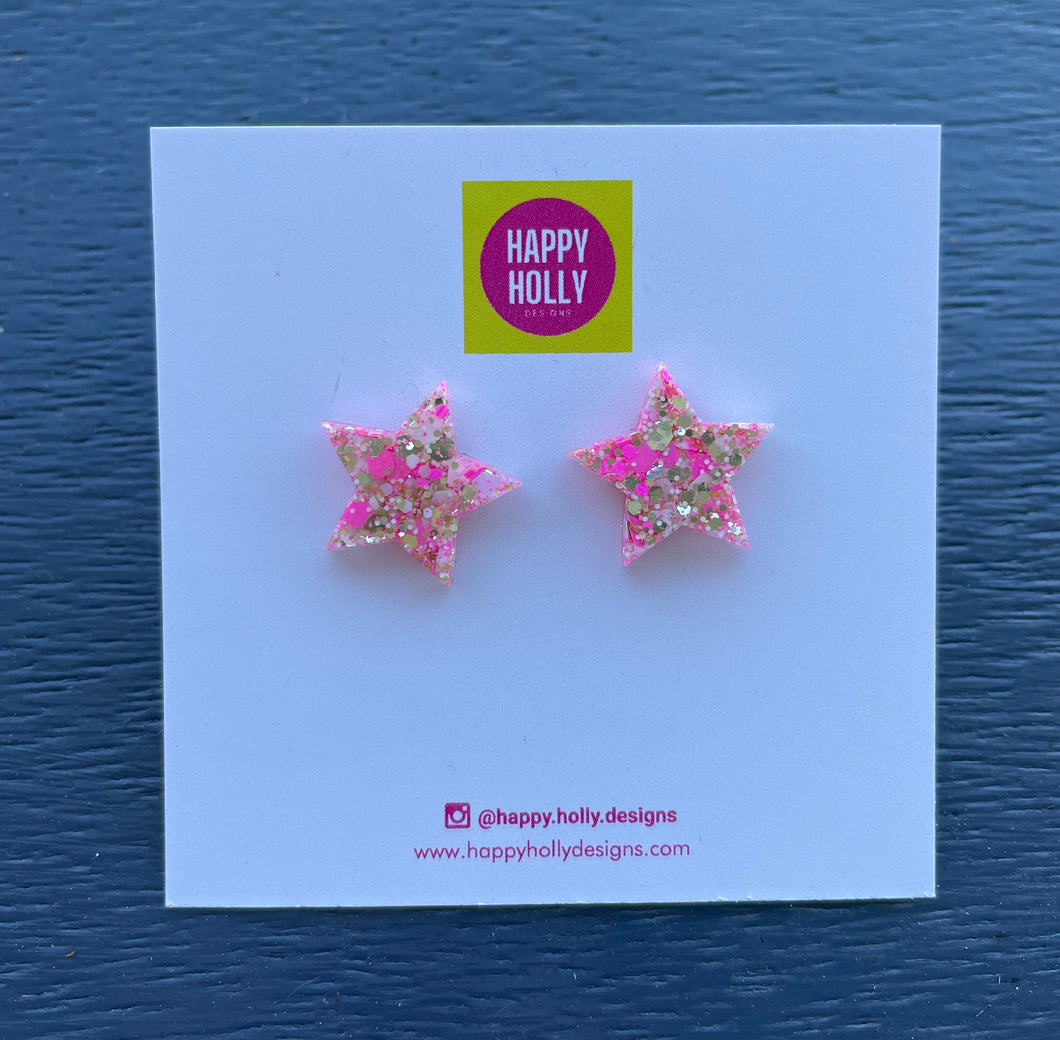 Star earrings 15mm - pink/silver glitter