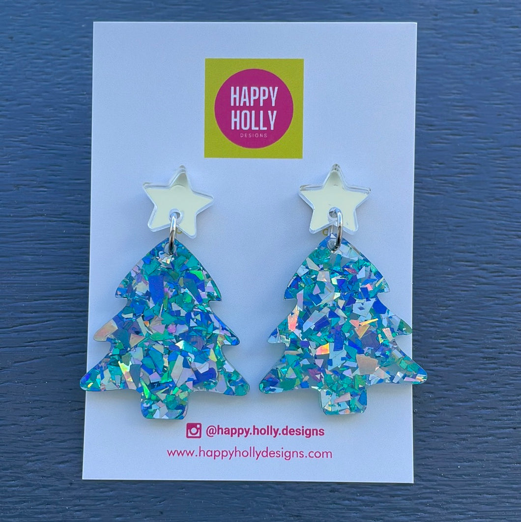 Christmas tree dangle earrings - blue/silver glitter tree