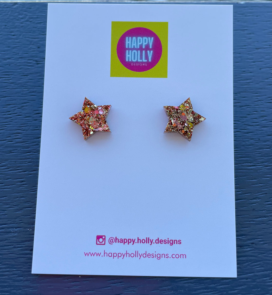 Star earrings - 12mm gold & pink glitter