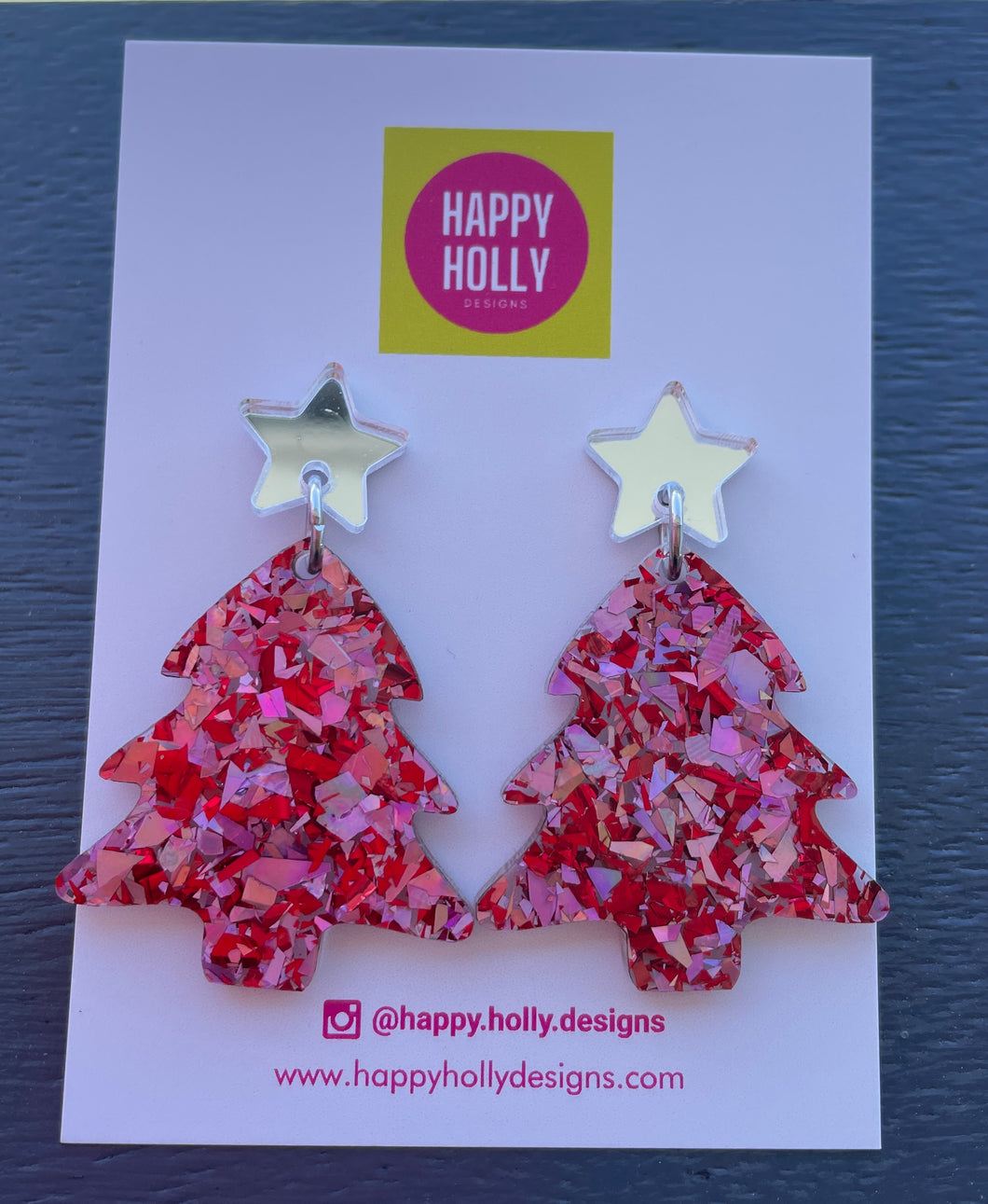 Christmas tree dangle earrings - pink/red glitter tree